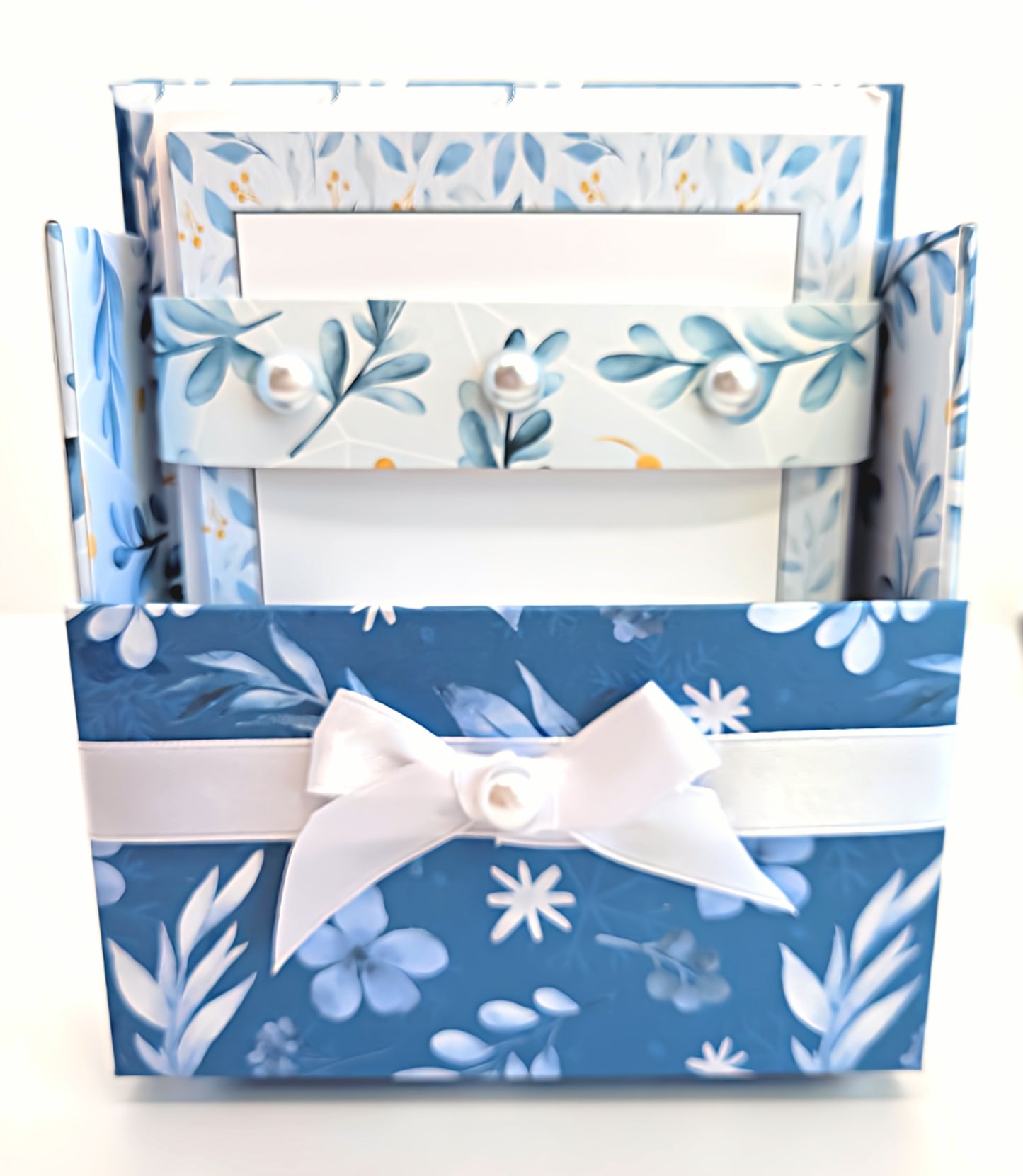 42-Pc Stationery Gift Box Set w/Reusable Desktop Organizer Box and Gold Pen - Blue and White Leaves, Petals & Fronds - Chic Brico