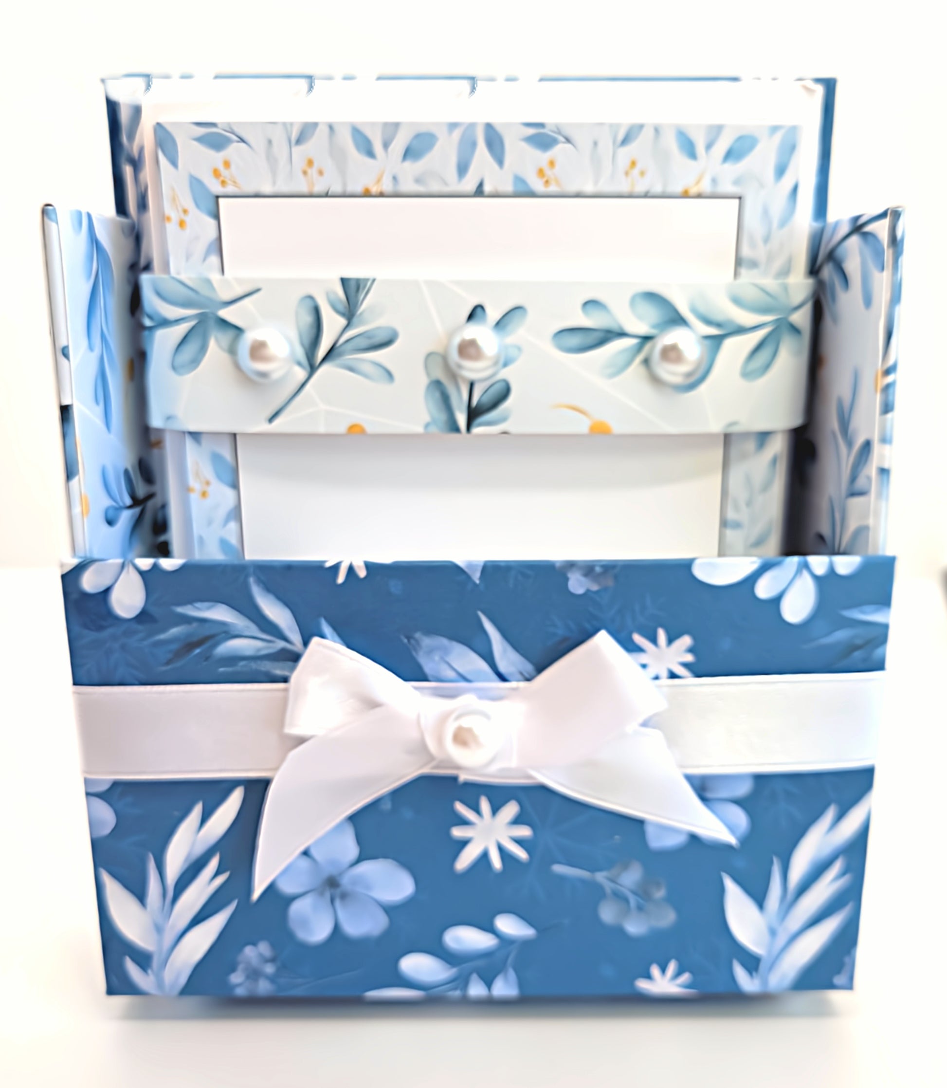 42-Pc Stationery Gift Box Set w/Reusable Desktop Organizer Box and Gold Pen - Blue and White Leaves, Petals & Fronds - Chic Brico