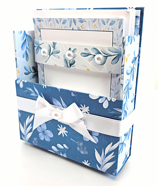 42-Pc Stationery Gift Box Set w/Reusable Desktop Organizer Box and Gold Pen - Blue and White Leaves, Petals & Fronds - Chic Brico