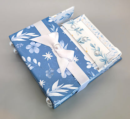 42-Pc Stationery Gift Box Set w/Reusable Desktop Organizer Box and Gold Pen - Blue and White Leaves, Petals & Fronds - Chic Brico