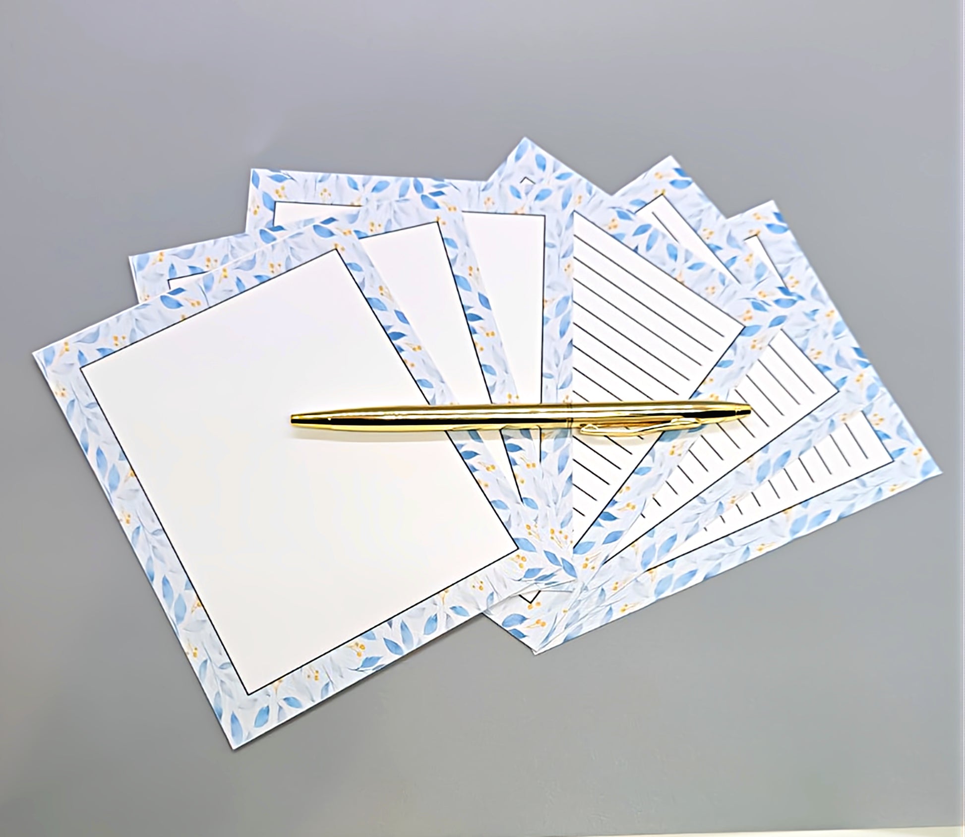 42-Pc Stationery Gift Box Set w/Reusable Desktop Organizer Box and Gold Pen - Blue and White Leaves, Petals & Fronds - Chic Brico