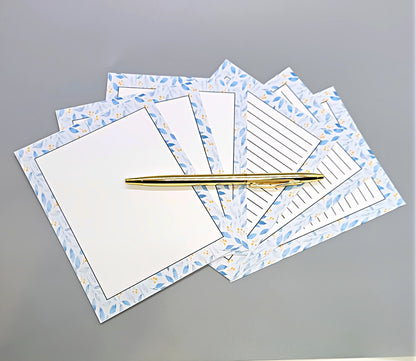 42-Pc Stationery Gift Box Set w/Reusable Desktop Organizer Box and Gold Pen - Blue and White Leaves, Petals & Fronds - Chic Brico