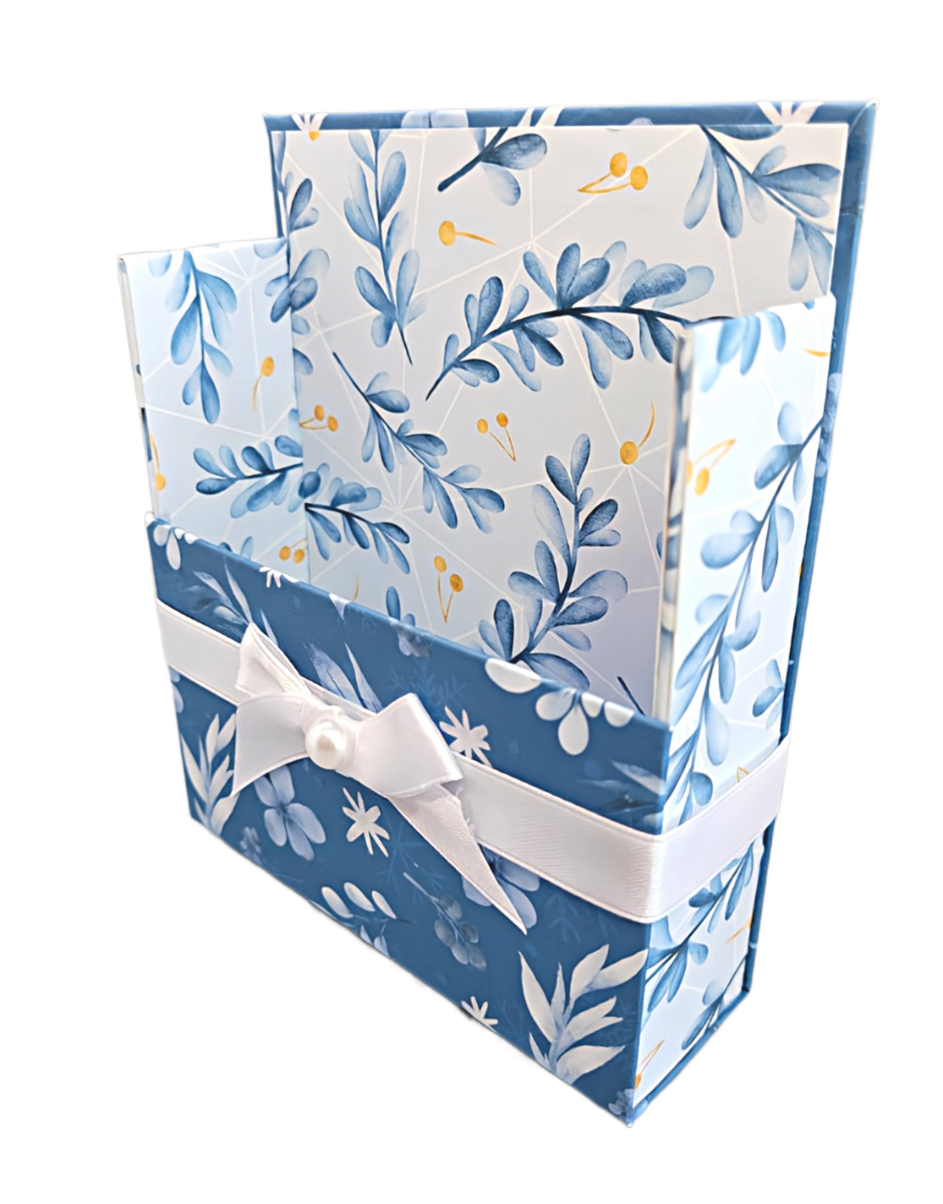 42-Pc Stationery Gift Box Set w/Reusable Desktop Organizer Box and Gold Pen - Blue and White Leaves, Petals & Fronds - Chic Brico