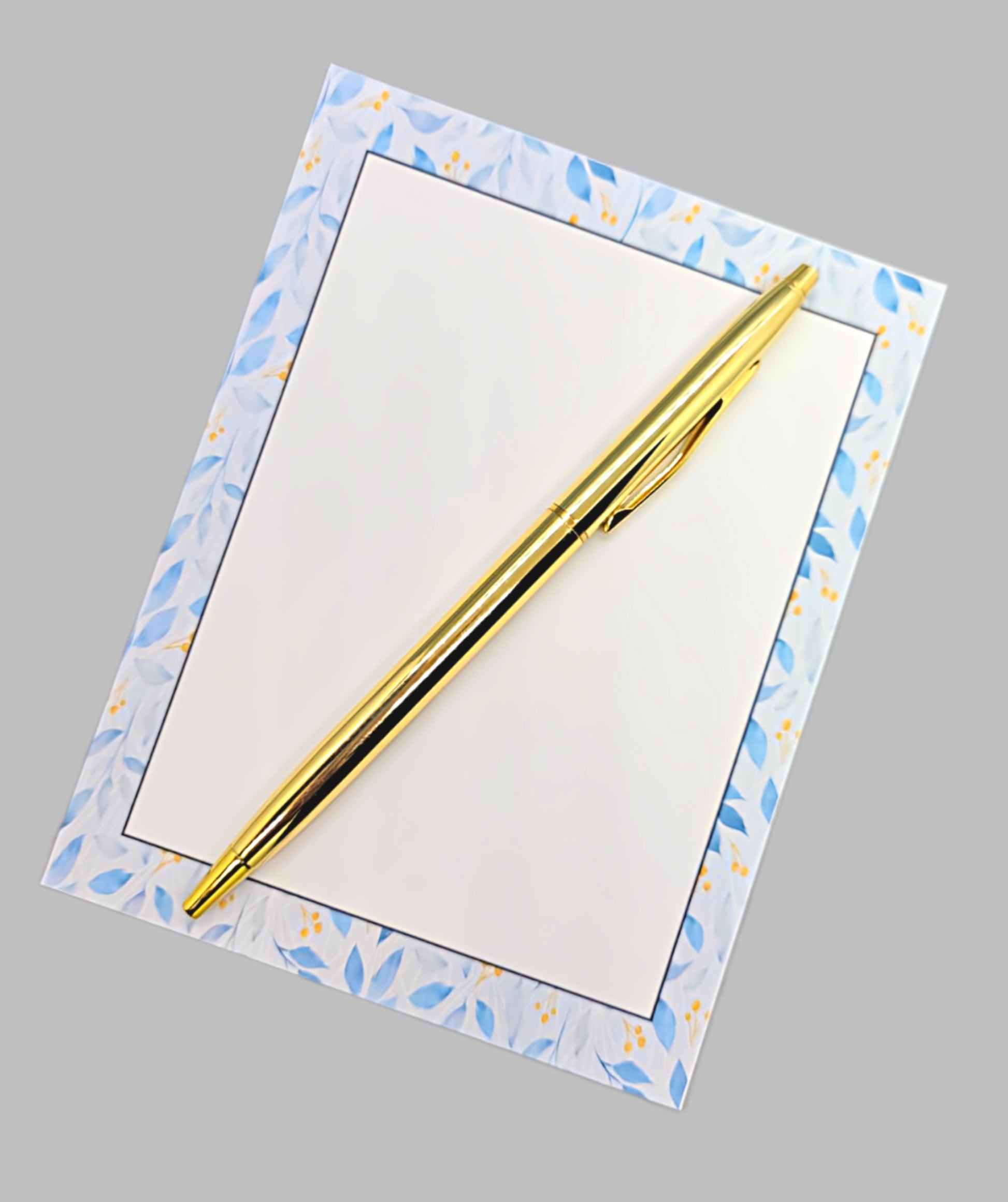 42-Pc Stationery Gift Box Set w/Reusable Desktop Organizer Box and Gold Pen - Blue and White Leaves, Petals & Fronds - Chic Brico