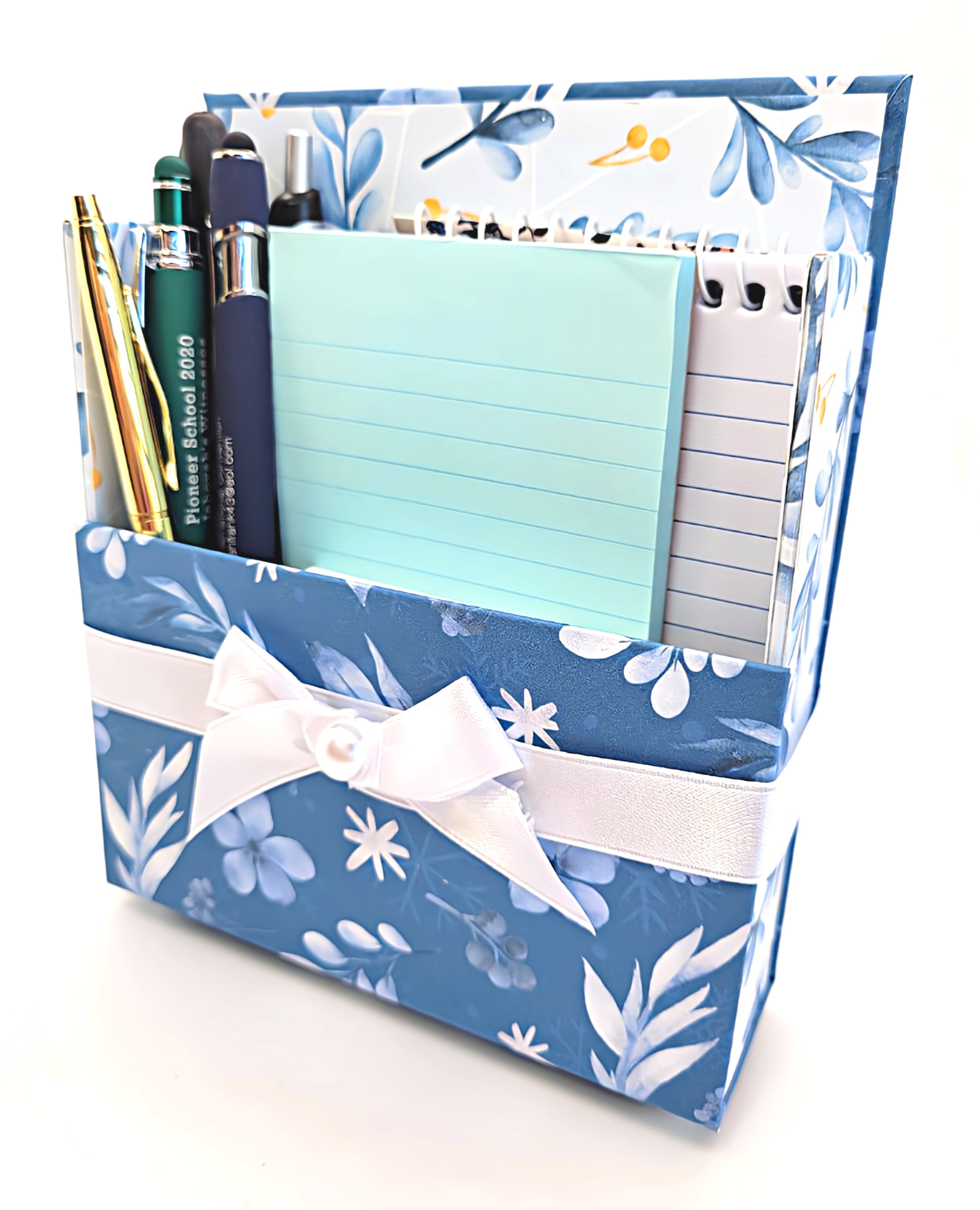 42-Pc Stationery Gift Box Set w/Reusable Desktop Organizer Box and Gold Pen - Blue and White Leaves, Petals & Fronds - Chic Brico