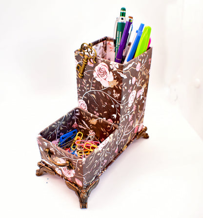 Pink Roses & Stems Big Flowers Desktop Organizer for Pens and Clips w/Antique Key Accent - Chic Brico