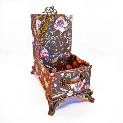Pink Roses & Stems Big Flowers Desktop Organizer for Pens and Clips w/Antique Key Accent - Chic Brico