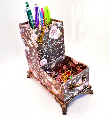 Pink Roses & Stems Big Flowers Desktop Organizer for Pens and Clips w/Antique Key Accent - Chic Brico