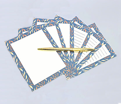 42-Pc Stationery Gift Box Set w/Reusable Desktop Organizer Box and Gold Pen - Blue, Brown & Gold Leaves - Chic Brico
