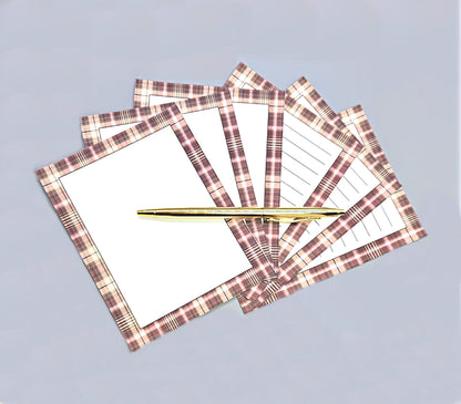 42-Pc Stationery For Him Gift Box Set w/Reusable Desktop Organizer Box and Gold Pen - Brown, Ivory & Pink Plaid - Chic Brico