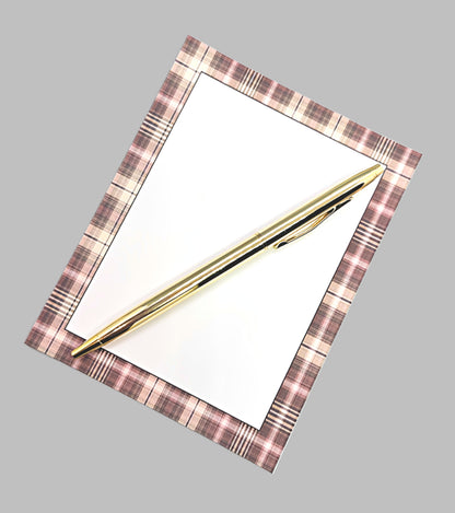 42-Pc Stationery For Him Gift Box Set w/Reusable Desktop Organizer Box and Gold Pen - Brown, Ivory & Pink Plaid - Chic Brico