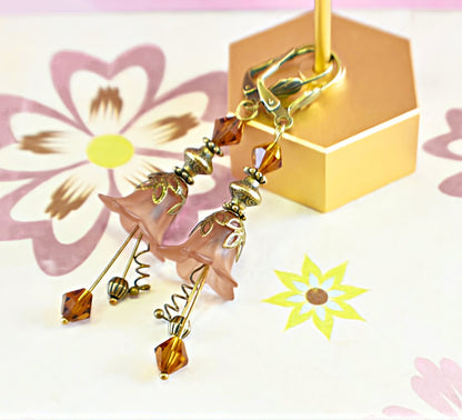 Vintage Victorian Style Chocolate Brown and Antique Bronze Bell Flower Lucite Earrings - Chic Brico