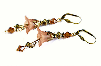 Vintage Victorian Style Chocolate Brown and Antique Bronze Bell Flower Lucite Earrings - Chic Brico