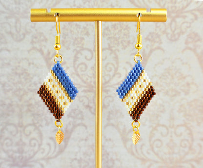 Blue, Copper and Gold Diamond-Shaped Diagonal Geometric Earrings w/Leaf Charm - Chic Brico