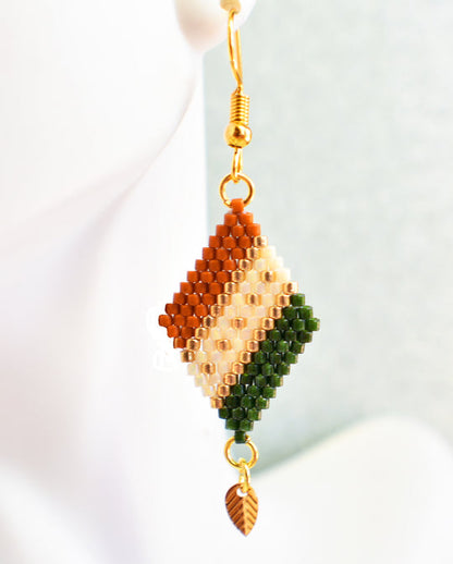 Green, Sienna and Gold Diamond-Shaped Diagonal Geometric Earrings w/Leaf Charm - Chic Brico