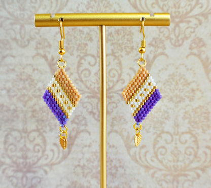 Purple, Tan and Gold Diamond-Shaped Diagonal Geometric Earrings w/Leaf Charm - Chic Brico