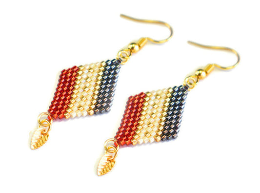 Red, Black and Gold Diamond-Shaped Diagonal Geometric Earrings w/Leaf Charm - Chic Brico