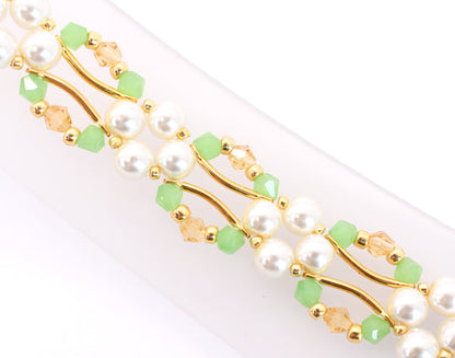 Jade Green, Gold Crystal and Pearl Hex Block Link Bracelet - Chic Brico