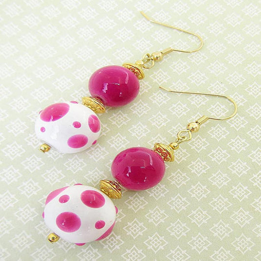 Hot Pink And Bright White Lamp Work Beaded Earrings - Chic Brico