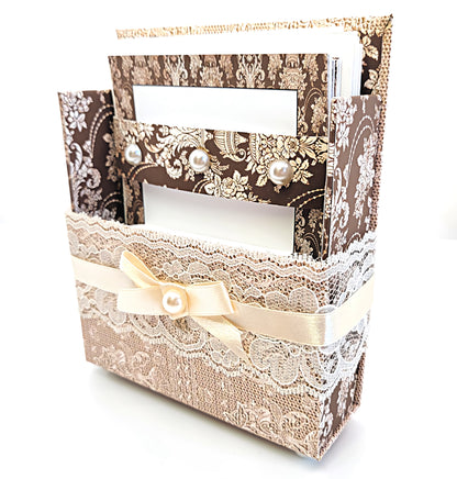 42-Pc Stationery Gift Box Set w/Reusable Desktop Organizer Box and Gold Pen - Ivory & Brown Vintage Lace - Chic Brico