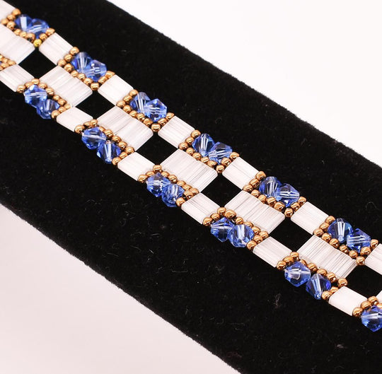 Blue, White & Antique Gold Block Link Bracelet - Chic Brico