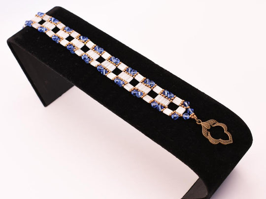 Blue, White & Antique Gold Block Link Bracelet - Chic Brico