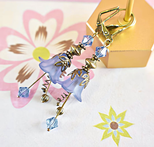 Vintage Victorian Style Light Denim Blue and Antique Bronze Bell Flower Lucite Earrings - Chic Brico