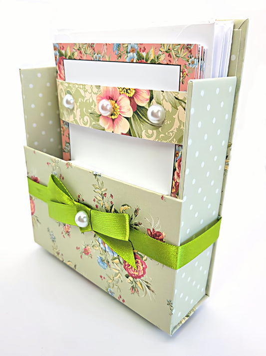 42-Pc Stationery Gift Box Set w/Reusable Desktop Organizer Box and Gold Pen - Coral Pink & Sage Green Floral - Chic Brico