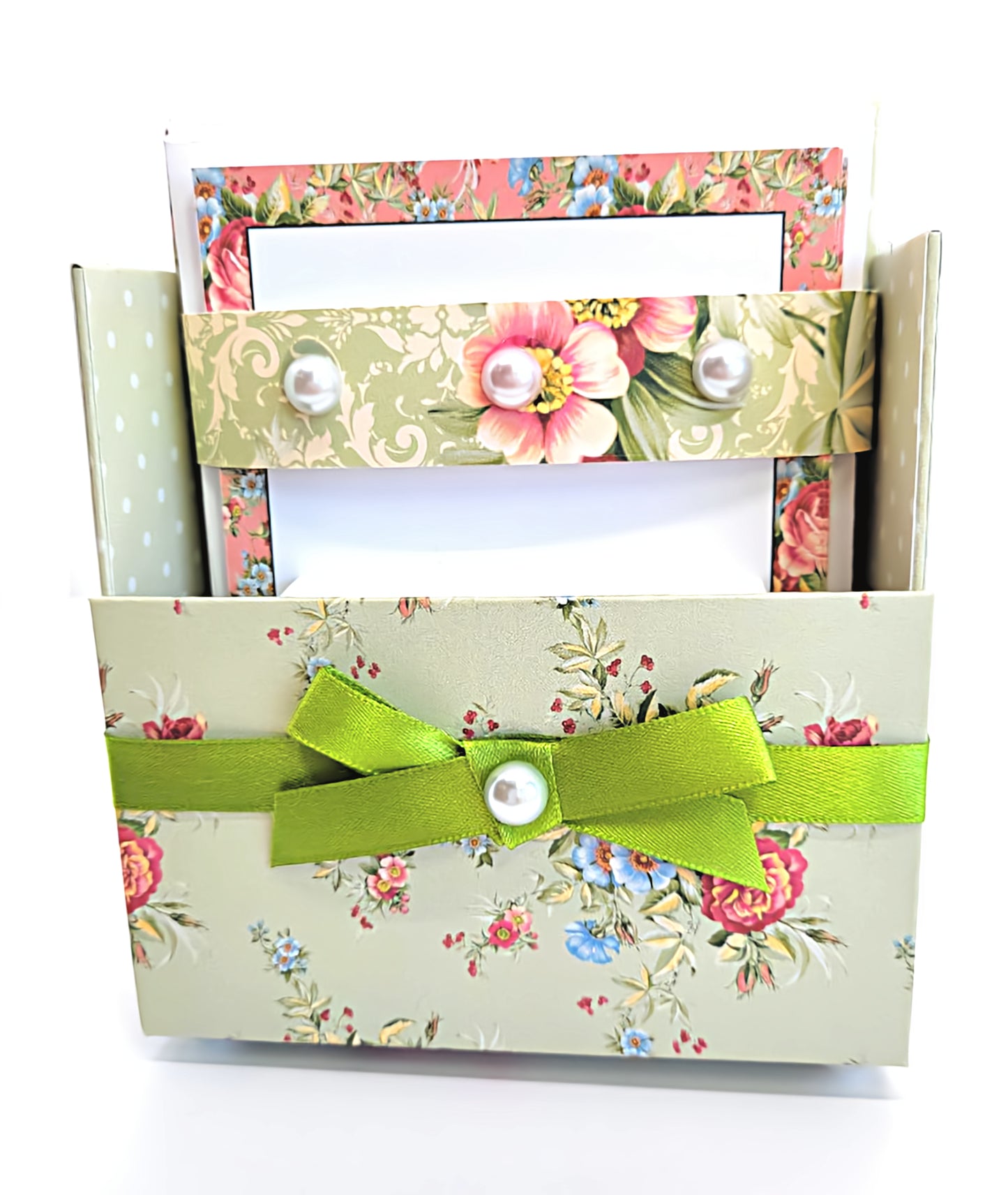 42-Pc Stationery Gift Box Set w/Reusable Desktop Organizer Box and Gold Pen - Coral Pink & Sage Green Floral - Chic Brico