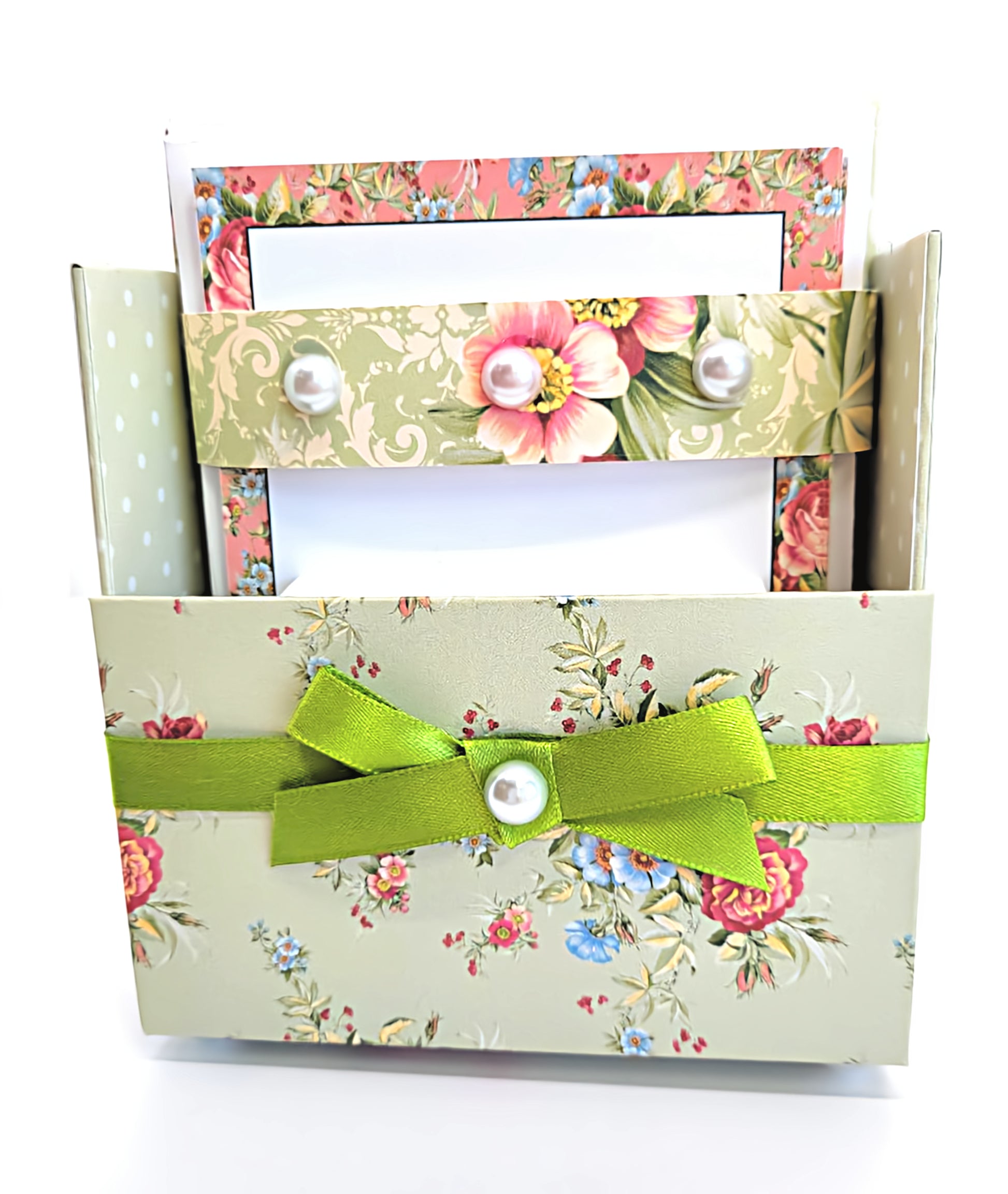 42-Pc Stationery Gift Box Set w/Reusable Desktop Organizer Box and Gold Pen - Coral Pink & Sage Green Floral - Chic Brico