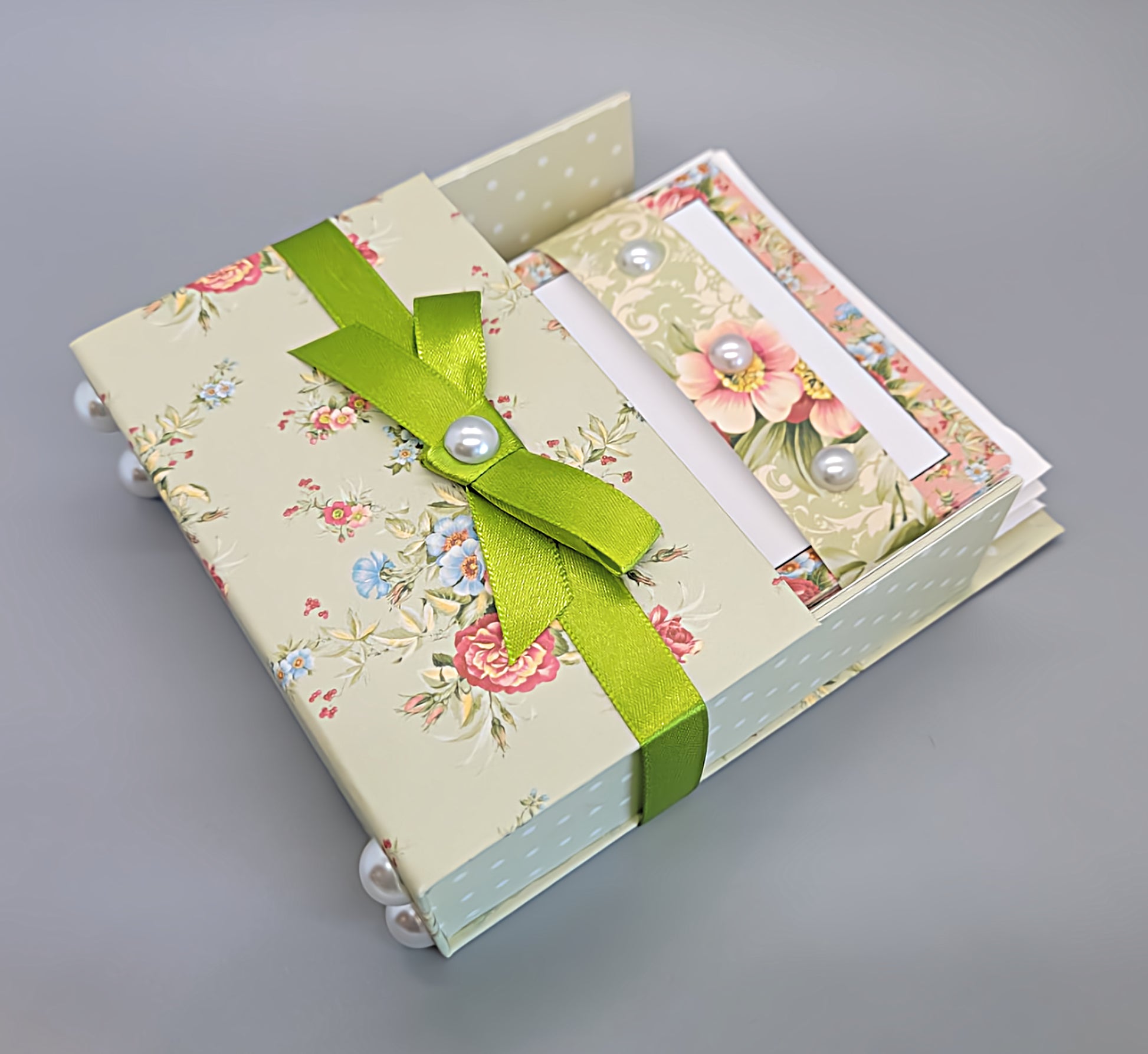 42-Pc Stationery Gift Box Set w/Reusable Desktop Organizer Box and Gold Pen - Coral Pink & Sage Green Floral - Chic Brico