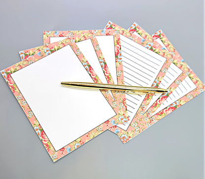42-Pc Stationery Gift Box Set w/Reusable Desktop Organizer Box and Gold Pen - Coral Pink & Sage Green Floral - Chic Brico