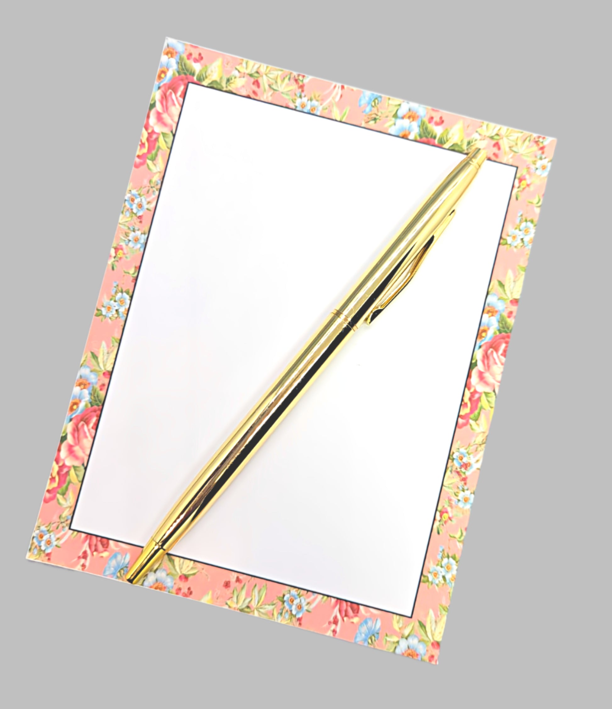 42-Pc Stationery Gift Box Set w/Reusable Desktop Organizer Box and Gold Pen - Coral Pink & Sage Green Floral - Chic Brico