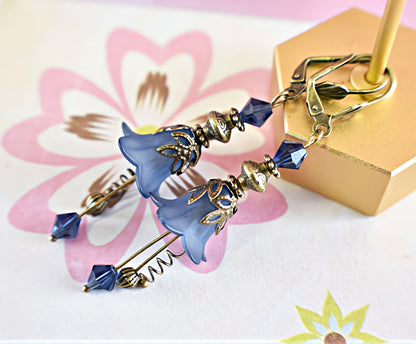 Vintage Victorian Style Navy Blue and Antique Bronze Bell Flower Lucite Earrings - Chic Brico
