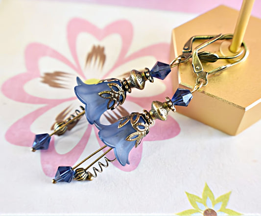 Vintage Victorian Style Navy Blue and Antique Bronze Bell Flower Lucite Earrings - Chic Brico