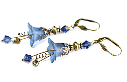 Vintage Victorian Style Navy Blue and Antique Bronze Bell Flower Lucite Earrings - Chic Brico