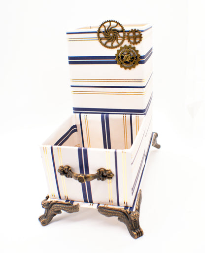 Navy Blue & Gold Nautical Stripes Desktop Organizer for Pens and Clips w/Metal Gears Accent - Chic Brico
