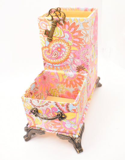 Pink, Orange, Yellow, Blue Paisley Desktop Organizer for Pens and Clips w/Antique Key Accent - Chic Brico
