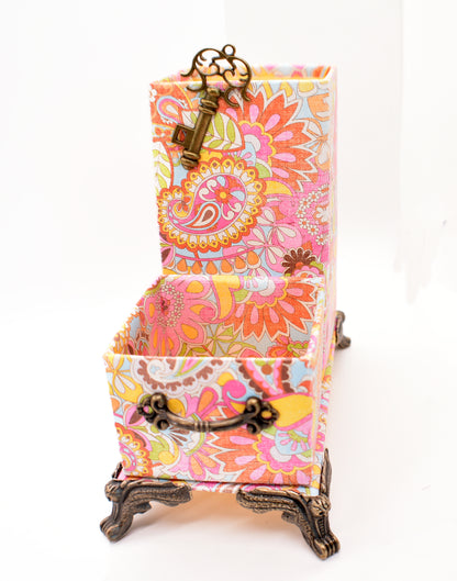 Pink, Orange, Yellow, Blue Paisley Desktop Organizer for Pens and Clips w/Antique Key Accent - Chic Brico