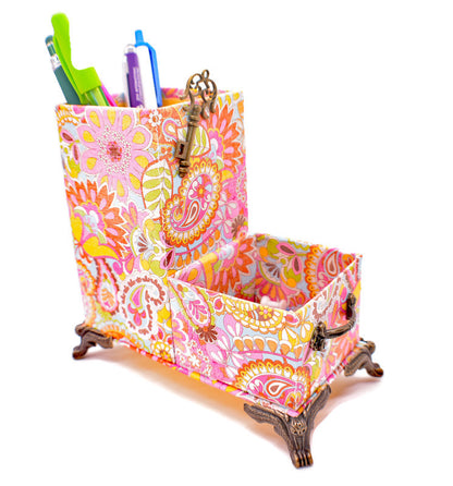 Pink, Orange, Yellow, Blue Paisley Desktop Organizer for Pens and Clips w/Antique Key Accent - Chic Brico