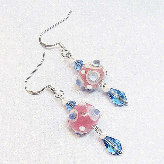 Pink, Baby Blue & White Lampwork Earrings - Chic Brico