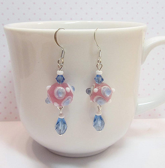 Pink, Baby Blue & White Lampwork Earrings - Chic Brico