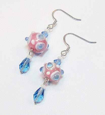 Pink, Baby Blue & White Lampwork Earrings - Chic Brico