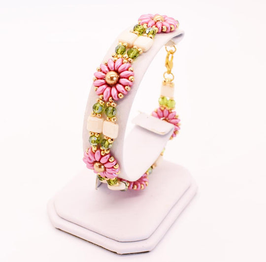 Pink, Gold, Green & Ivory Daisy Block Link Bracelet - Chic Brico