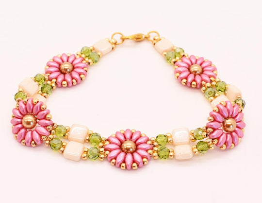 Pink, Gold, Green & Ivory Daisy Block Link Bracelet - Chic Brico