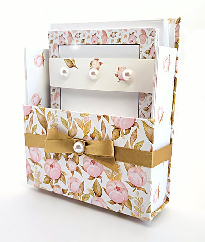 42-Pc Stationery Gift Box Set w/Reusable Desktop Organizer Box and Gold Pen - Pink Magnolias - Chic Brico