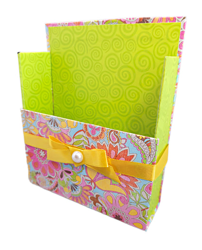 42-Pc Stationery Gift Box Set w/Reusable Desktop Organizer Box and Gold Pen - Pink, Orange & Yellow Paisley - Chic Brico
