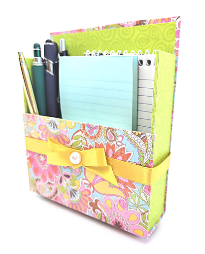 42-Pc Stationery Gift Box Set w/Reusable Desktop Organizer Box and Gold Pen - Pink, Orange & Yellow Paisley - Chic Brico