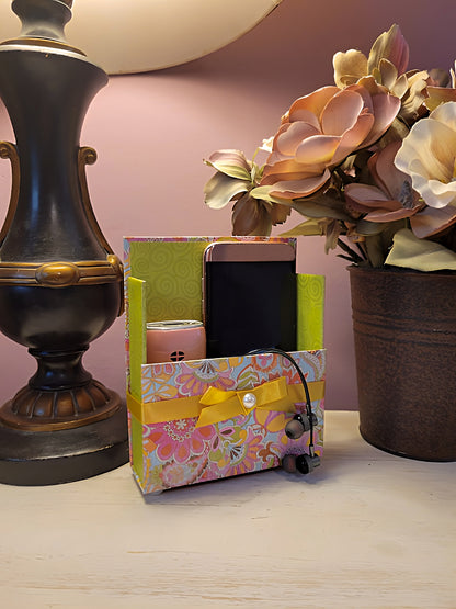 42-Pc Stationery Gift Box Set w/Reusable Desktop Organizer Box and Gold Pen - Pink, Orange & Yellow Paisley - Chic Brico