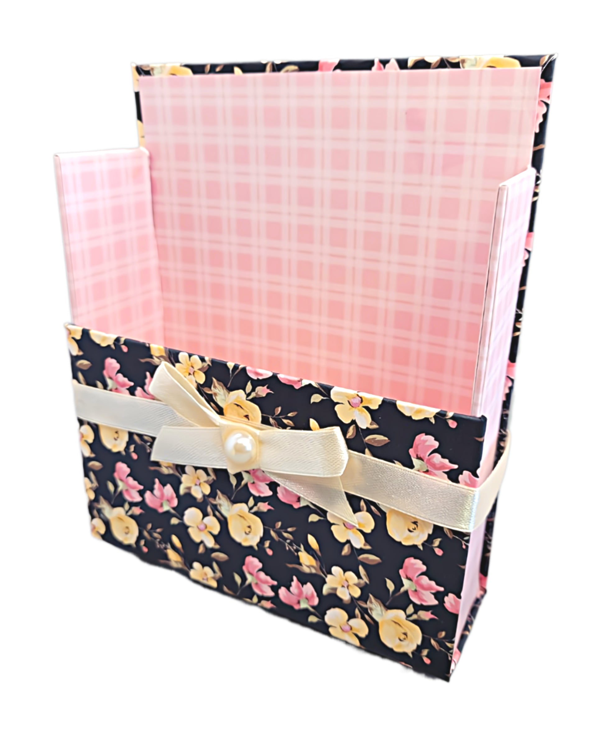 42-Pc Stationery Gift Box Set w/Reusable Desktop Organizer Box and Gold Pen - Black, Pink & Yellow Roses - Chic Brico
